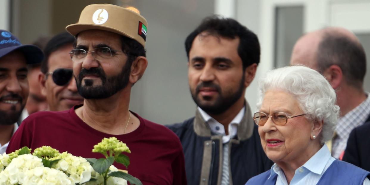 Queen Elizabeth II meets HH Sheikh Mohammed Bin Rashid Al Maktoum (left) at the finish of the Royal Windsor Endurance at the Royal Windsor Horse Show at Windsor Castle, London. (Photo by Steve Parsons/PA Images via Getty Images)