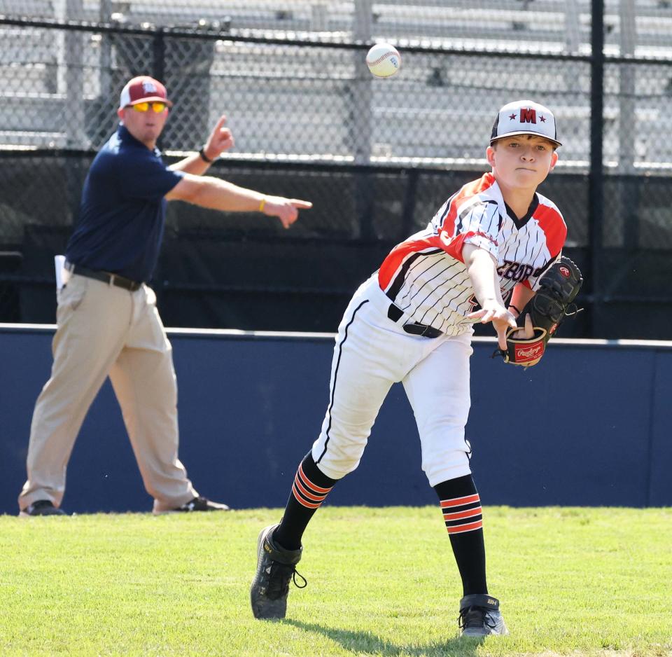 Middleboro 12U Nationals pitcher Joe Monteforte throws out the runner at first base during a game versus Bangor East, Maine at the Bartlett Giamatti Little League Leadership Training Center in Bristol, Connecticut for the New England Regional tournament on Monday, August  8, 2022.