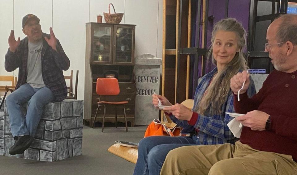 Cast members (from left) Brian Burchette-Ross, Kathleen McBee and David P. Wahr rehearse a scene.