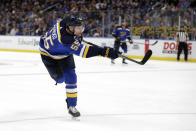 St. Louis Blues' Colton Parayko scores during the second period of an NHL hockey game against the Florida Panthers Monday, March 9, 2020, in St. Louis. (AP Photo/Jeff Roberson)