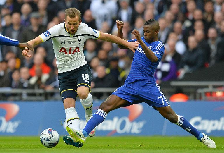 Tottenham Hotspur striker Harry Kane (left) vies with Chelsea's midfielder Ramires during their English League Cup final match at Wembley Stadium in north London on March 1, 2015