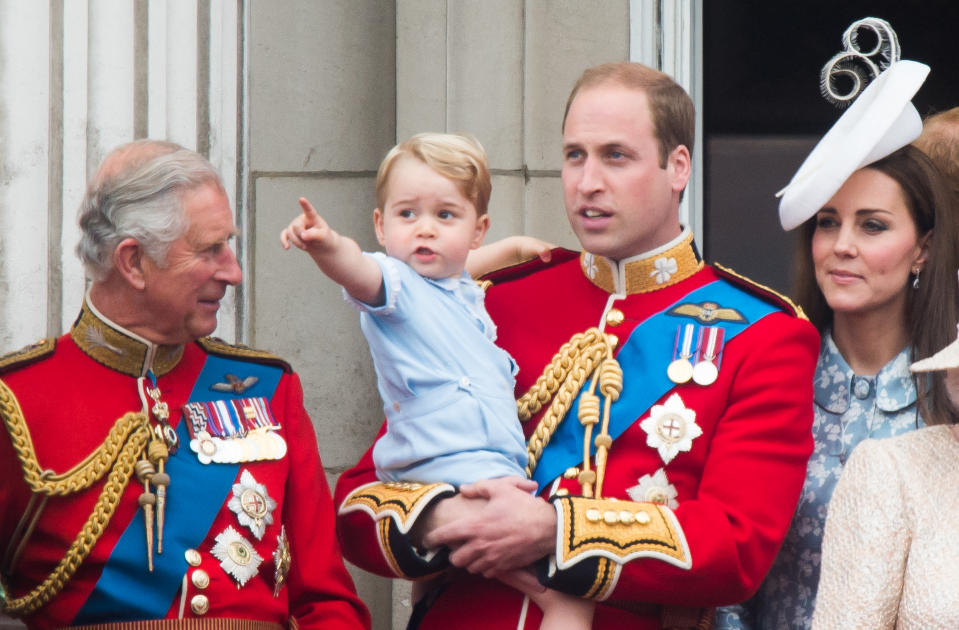 LONDON, ENGLAND - JUNE 13:  (L-R) Prince Charles, Prince of Wales, Prince George of Cambridge, Prince William, Duke of Cambridge Catherine, Duchess of Cambridge look on from the balcony during the annual Trooping The Colour ceremony at Horse Guards Parade on June 13, 2015 in London, England.  (Photo by Samir Hussein/WireImage)