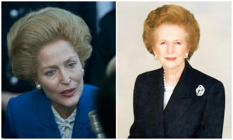 Gillian Anderson como Margareth Thatcher en The Crown, de Netflix. Fotos: Netflix y Wikimedia Commons