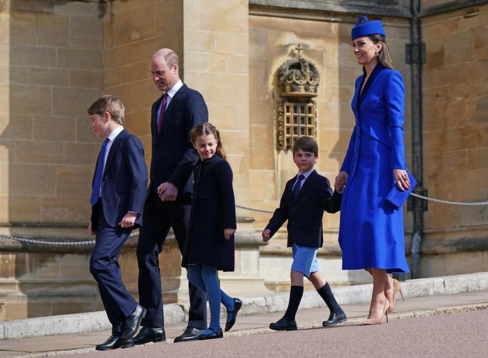 <div class="inline-image__caption"><p>The Prince and Princess of Wales with Prince George, Princess Charlotte and Prince Louis attending the Easter Mattins Service at St George's Chapel at Windsor Castle in Berkshire, Britain April 9, 2023.</p></div> <div class="inline-image__credit">Yui Mok via Reuters</div>