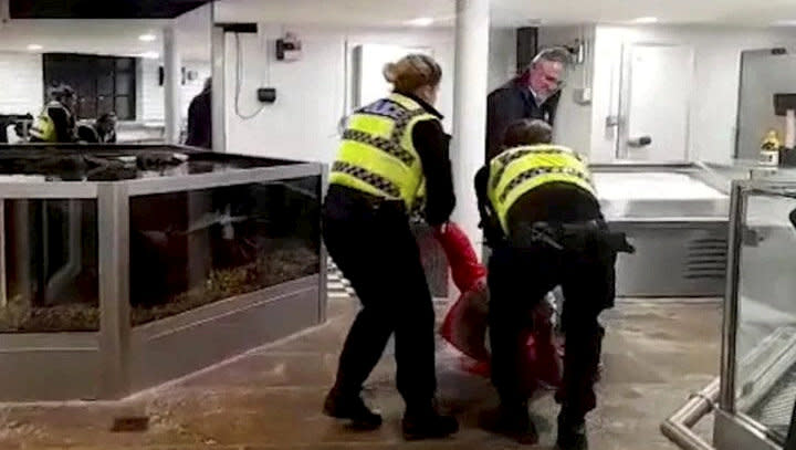 An activist is removed by police after trying to interact with David Attenborough at Catch at the Old Fish Market, Weymouth. See SWNS story SWLNclimate. A climate change protester was arrested after approaching Sir David Attenborough at a michelin-star restaurant to 'deliver a letter'. Animal Rebellion protester Emma Smart, 45, was arrested and charged with failing to comply with a section 35 direction after an incident in Weymouth, Dorset. The incident at Catch At The Old Fish Market restaurant on Thursday evening (17/11) came after Sir David had spent the day in the seaside town.Dorset Police say that Mrs Smart was arrested after refusing to comply with officers requests that she leave the restaurant after causing a disturbance.