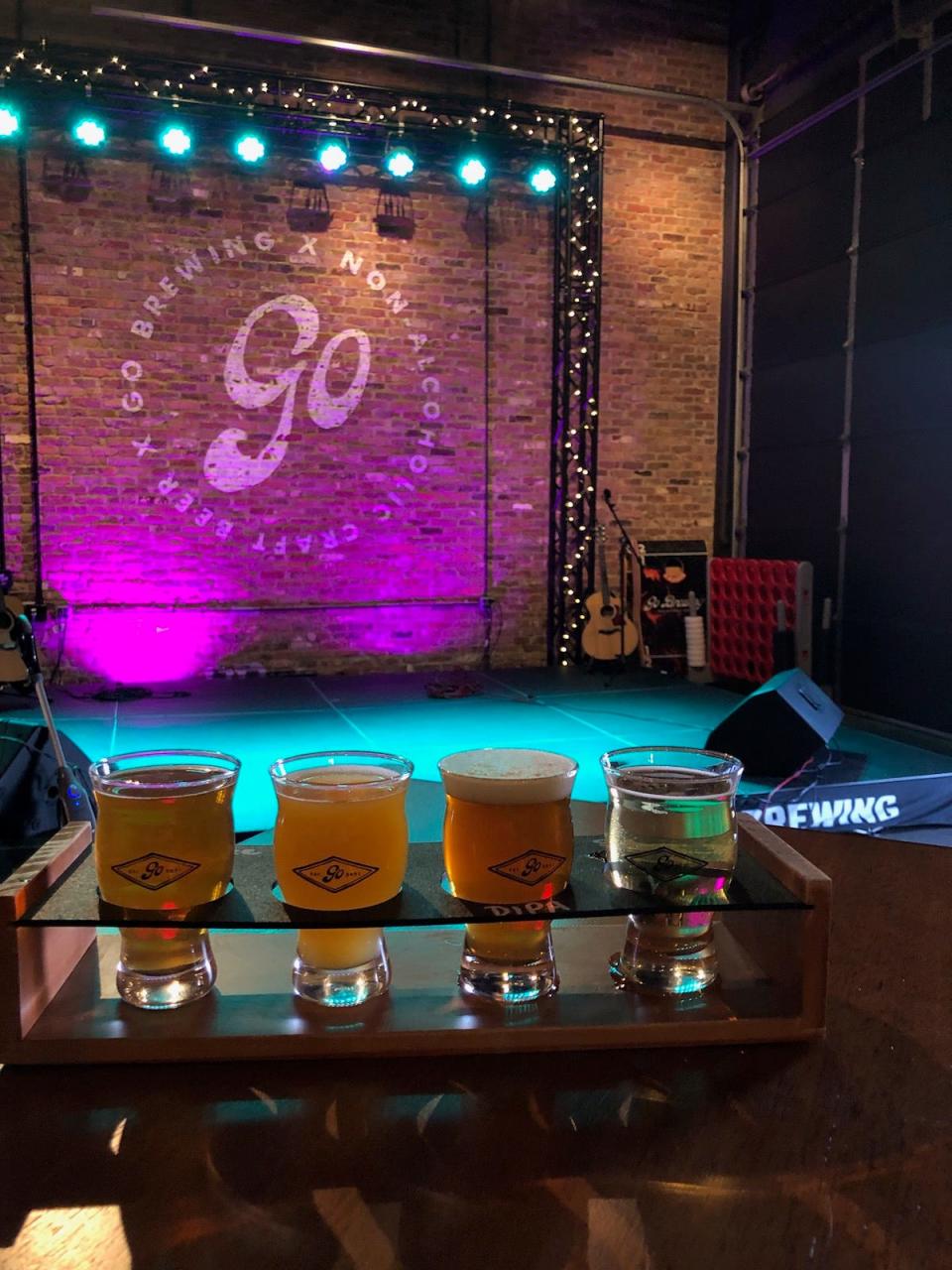 Go Brewing serves flights of its nonalcoholic beer in its Naperville, Illinois, taproom. It's one of the country's first completely nonalcoholic breweries to have its own taproom.