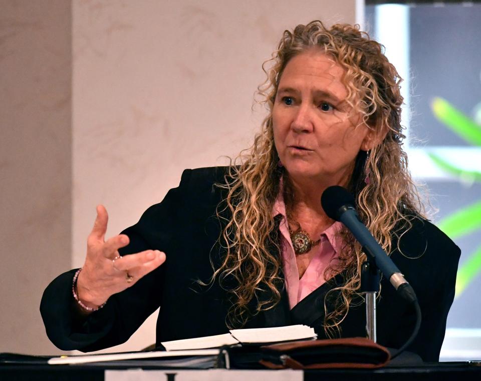 Jen Ahearn-Koch, a Sarasota city commissioner running for re-election, answers questions during a Sarasota Tiger Bay Club lunch meeting on Thursday, Sept. 1, 2022.