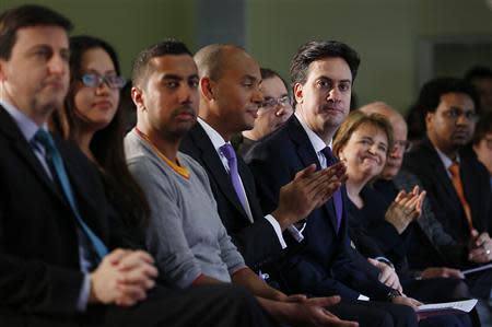 Britain's opposition Labour Party Leader Ed Milliband (6th L) listens while being introduced at the London Business School in London March 12, 2014. REUTERS/Suzanne Plunkett