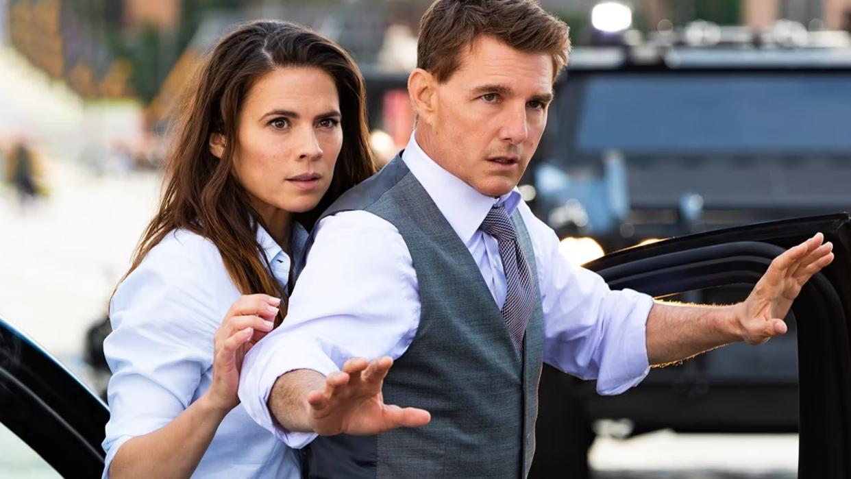  Hayley Atwell and Tom Cruise in Mission: Impossible - Dead Reckoning Part One. 