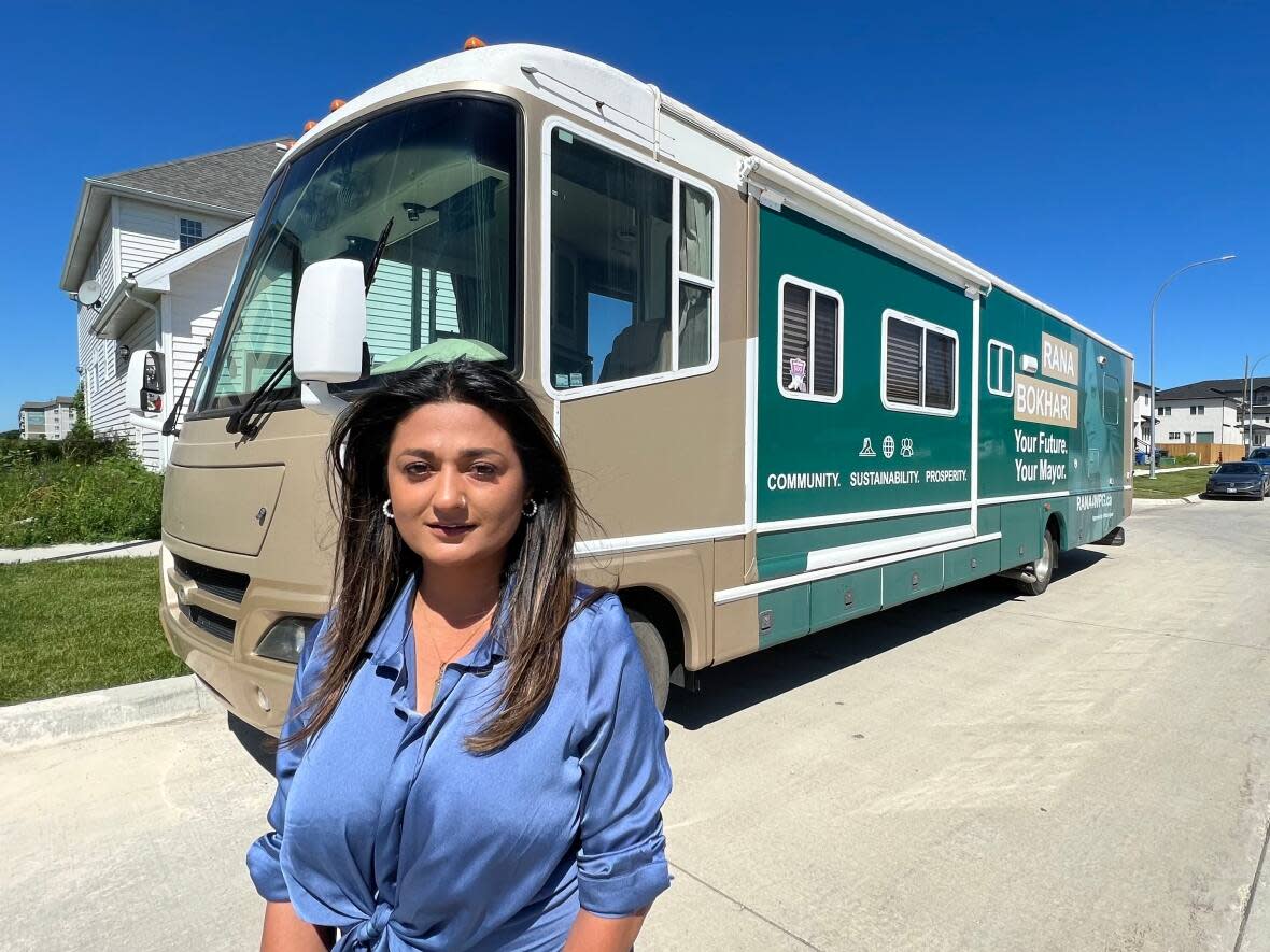 Mayoral candidate Rana Bokhari says the catalytic converters were stolen from her campaign RV on Sunday night. (Travis Golby/CBC - image credit)