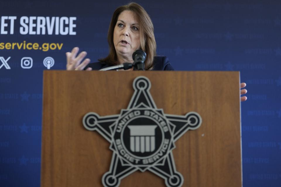 U.S. Secret Service Director Kimberly Cheatle speaks during a Republican National Convention security news conference Thursday, June 6, 2024, in Milwaukee. (AP Photo/Morry Gash)