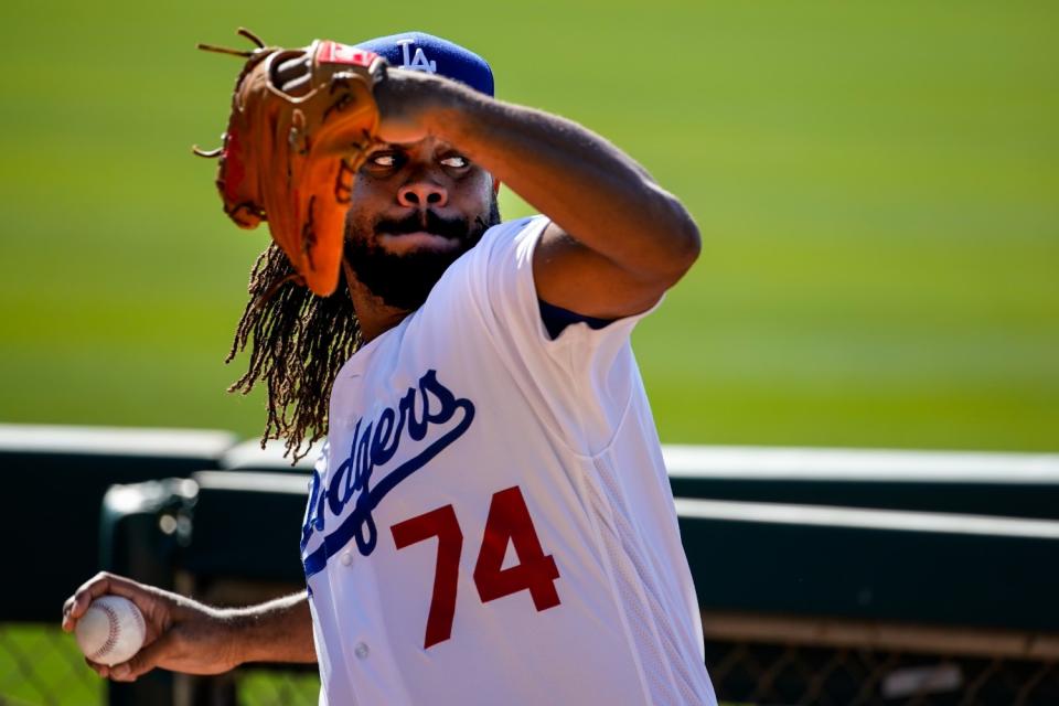 Kenley Jansen pitches during spring training at Camelback Ranch on Feb. 20.