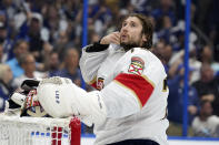 Florida Panthers goaltender Sergei Bobrovsky (72) reacts after giving up a goal to Tampa Bay Lightning center Steven Stamkos during the second period in Game 3 of an NHL hockey second-round playoff series Sunday, May 22, 2022, in Tampa, Fla. (AP Photo/Chris O'Meara)