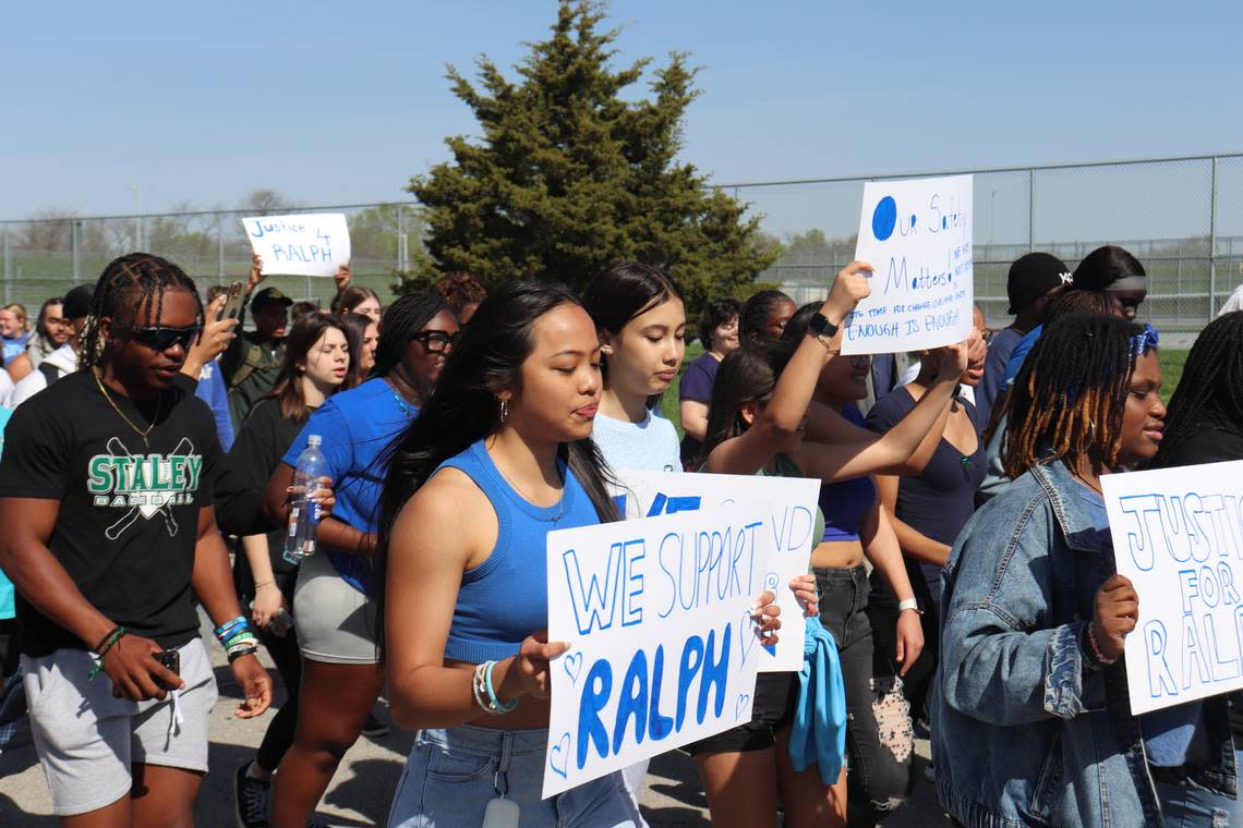 Student Fallyn Kowalski photographed the crowd Tuesday at Staley High School’s Unity Walk, held in honor of classmate Ralph Yarl, 16, who was shot in the head while attempting to pick up his siblings.