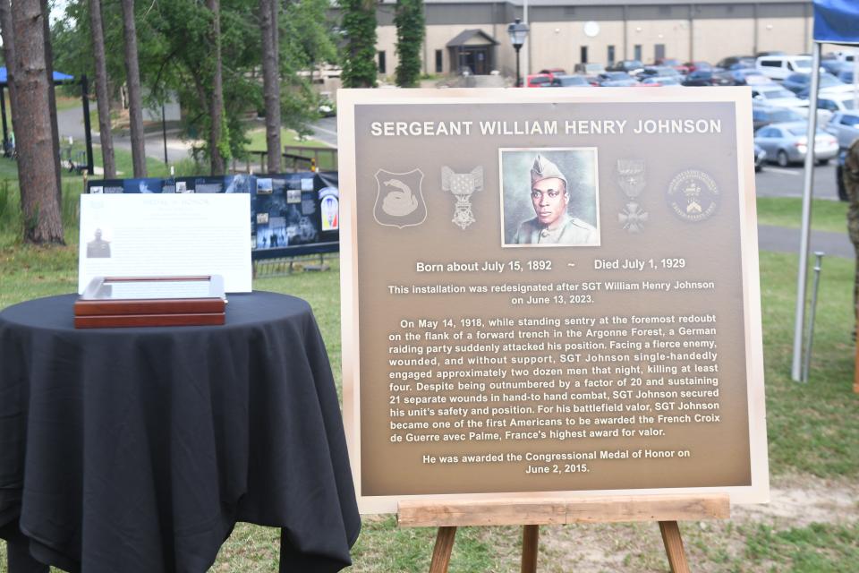 In 1996, Johnson was posthumously awarded the Purple Heart and in 2002, the Distinguished Service Cross, upgraded in 2015 to the Medal of Honor. The medal is on loan to Fort Johnson by the New York State Military Museum. It will be included in a historical exhibit about Johnson until August.