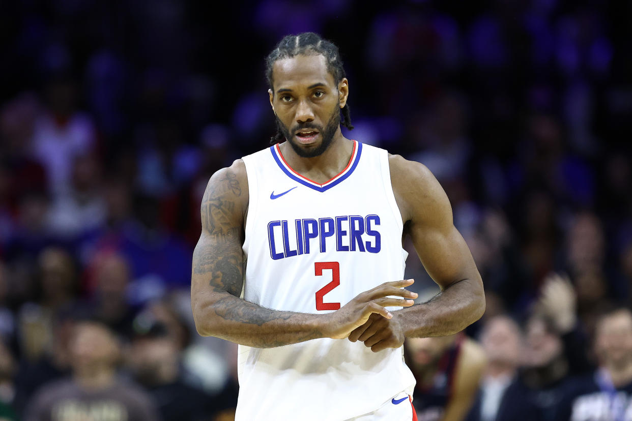 Kawhi Leonard is out for Sunday's Game 1 between the Los Angeles Clippers and Dallas Mavericks. (Tim Nwachukwu/Getty Images)