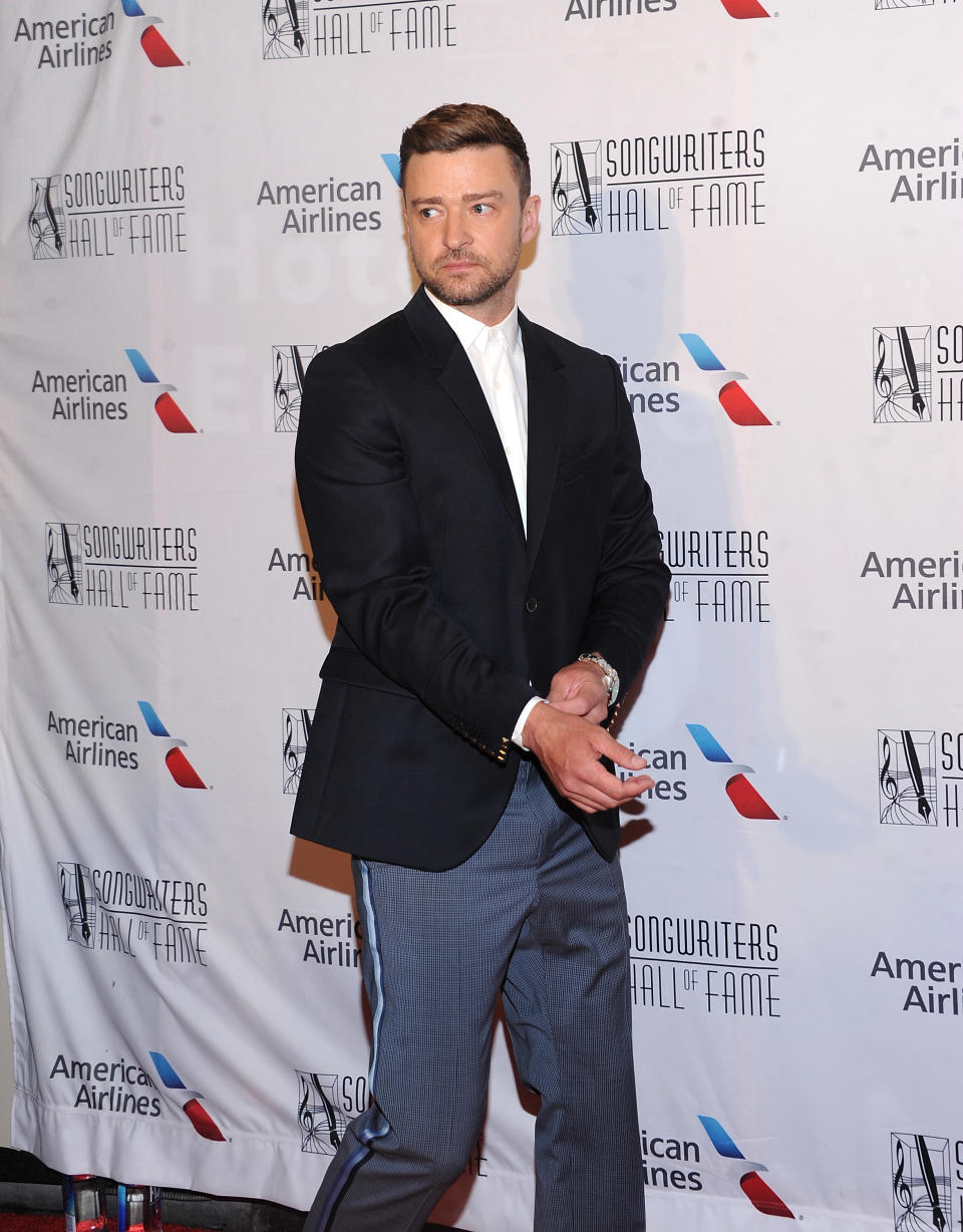 Justin Timberlake appears on the red carpet at the 50th annual Songwriters Hall of Fame induction and awards ceremony at the New York Marriott Marquis Hotel on Thursday, June 13, 2019, in New York. (Photo by Brad Barket/Invision/AP)