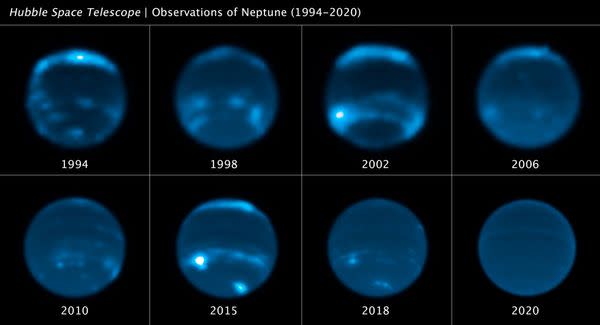 This sequence of Hubble Space Telescope images chronicles the waxing and waning of the amount of cloud cover on Neptune.