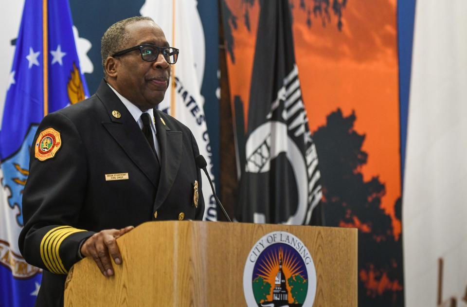 "I look forward to helping move this department from good to great," Lansing Fire Dept. Chief Brian Strudivant said Wednesday, June 8, 2022, following his swearing in ceremony at Lansing City Hall.