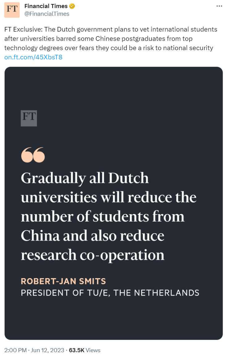 荷蘭政府接下來計畫立法，禁止中國學生上半導體、國防等敏感科技大學課程，以避免技術外流，對國家安全構成風險。（圖／翻攝自推特）