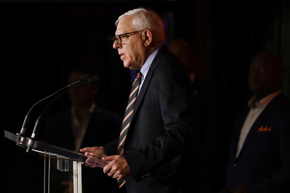 Baltimore Orioles majority owner David Rubenstein speaks at a press conference prior to a baseball game against the Los Angeles Angels, Thursday, March 28, 2024, in Baltimore. (AP Photo/Julia Nikhinson)