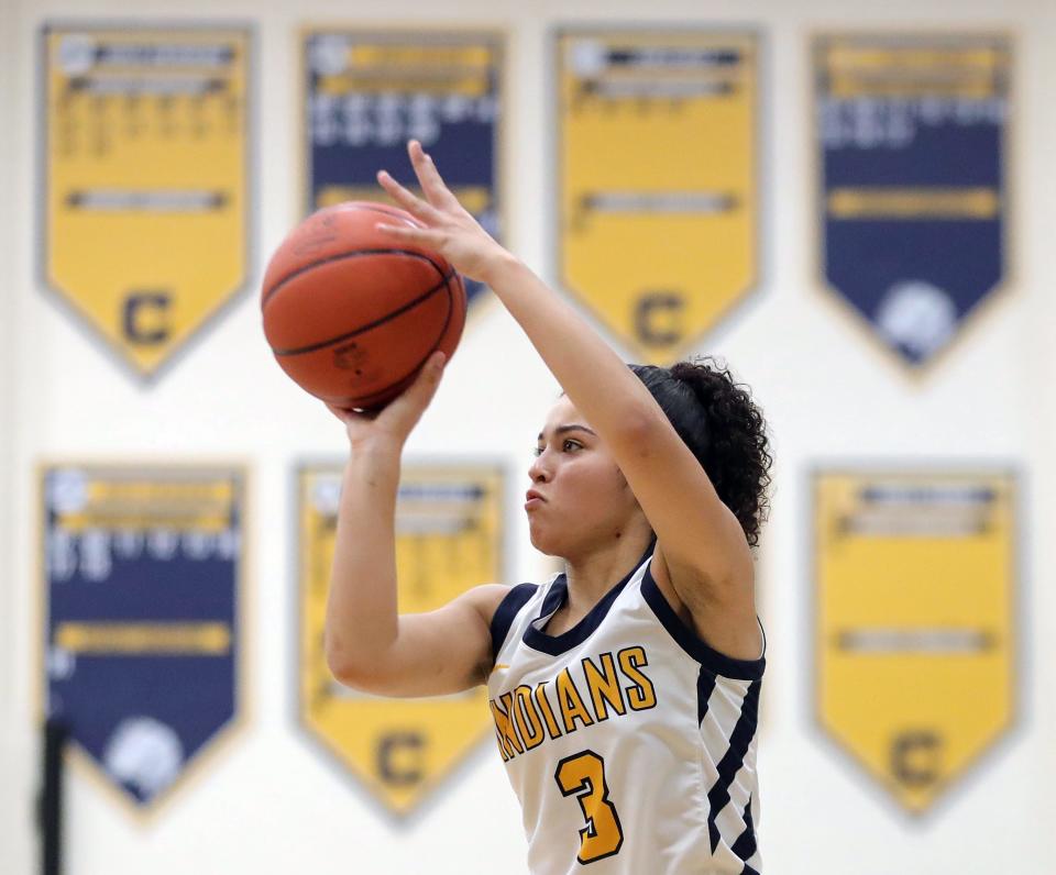 Copley's Izzy Callaway attempts a three against Revere during the first half of a high school basketball game, Friday, Jan. 26, 2024, in Copley, Ohio.