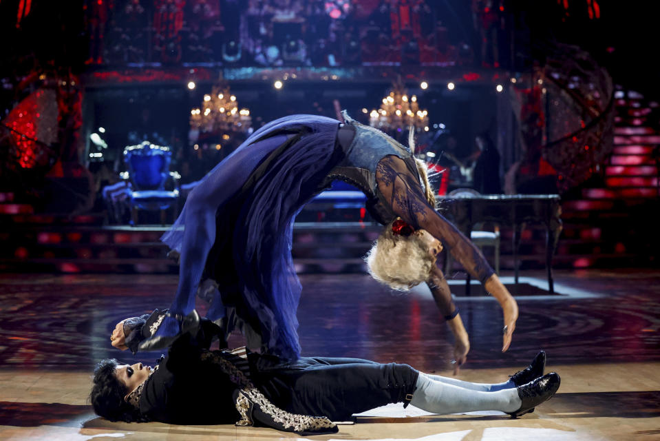 Layton Williams back flips in the middle of his vampire Tango on Stritcly's Halloween Week with Nikita Kuzmin