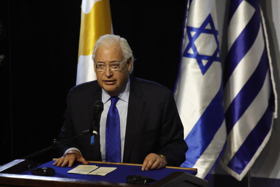 US Ambassador to Israel David Friedman speaks during the 5th trilateral summit between Israel, Greece and Cyprus in Beersheba, Israel, Thursday, Dec. 20, 2018. Friedman said Thursday, that the United States “wholly supports” plans for a pipeline that would transport east Mediterranean gas to Europe. He called the pipeline project “of great importance for the stability and prosperity of the Middle East and Europe,” and urged all countries in the region to ensure its success. (AP Photo/Ariel Schalit)