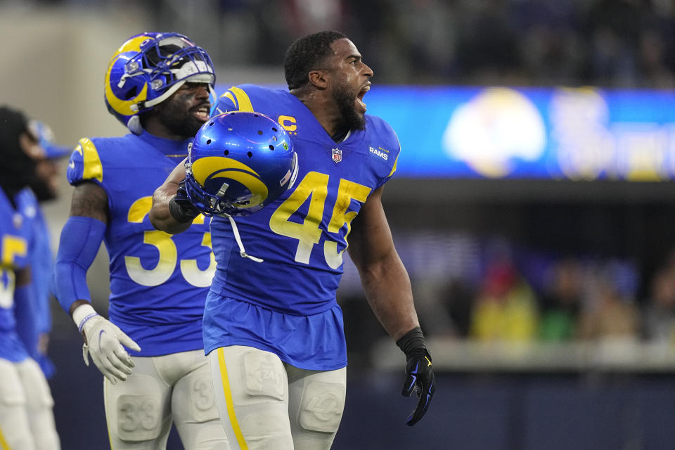 Los Angeles Rams linebacker Bobby Wagner (45) celebrates after intercepting a pass during the second half of an NFL football game against the Seattle Seahawks Sunday, Dec. 4, 2022, in Inglewood, Calif. (AP Photo/Mark J. Terrill)