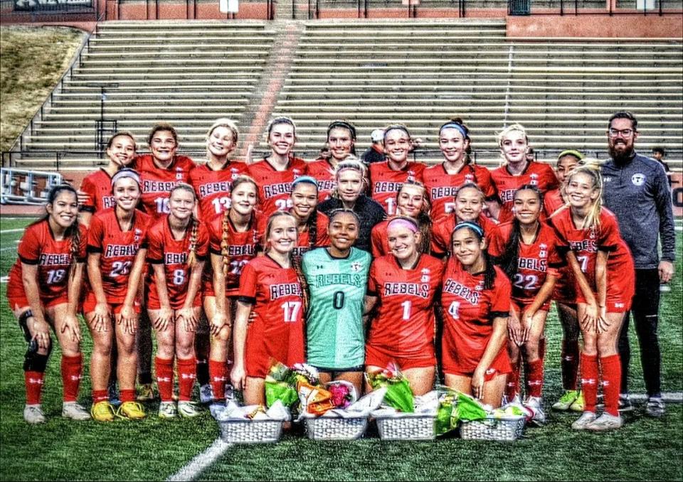 The Tascosa girls soccer team poses together at the end of its 2023 senior night at Dick Bivins Stadium.