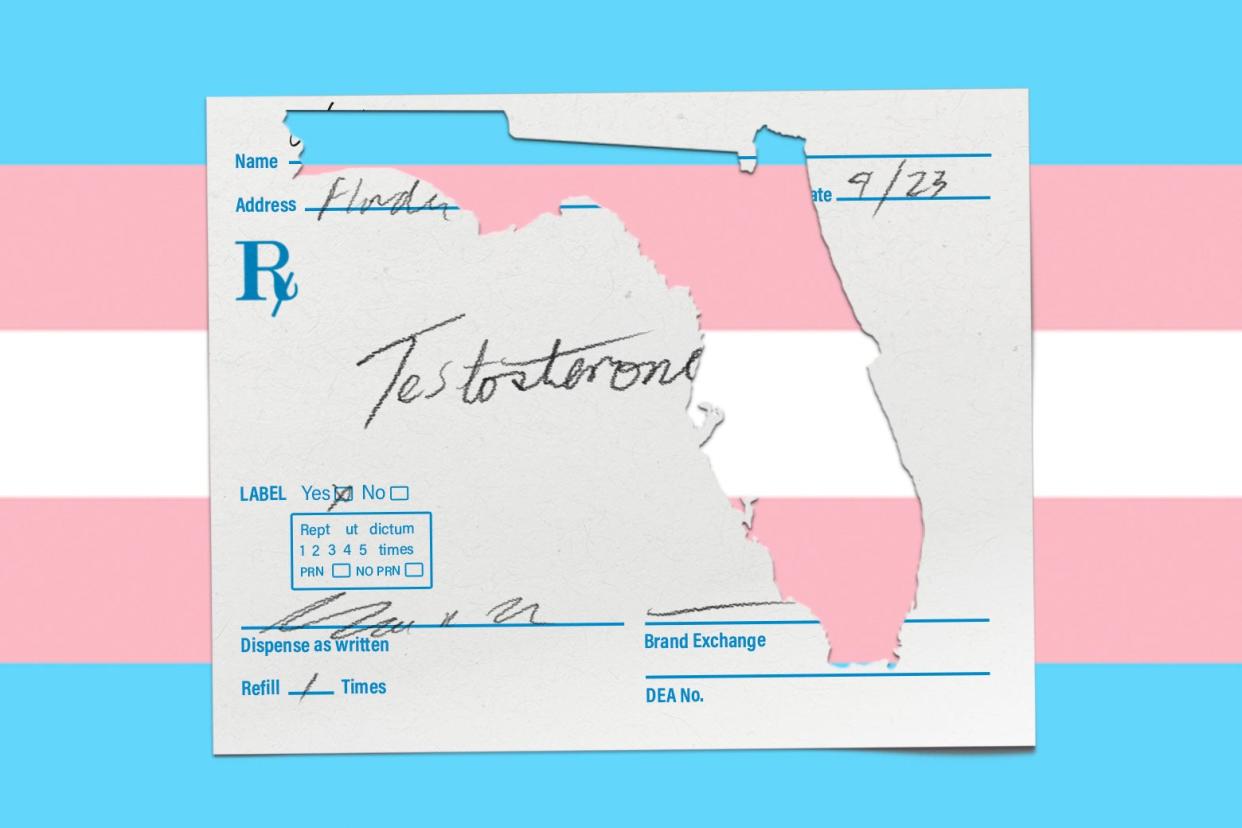 A testosterone prescription with a cutout of the state of Florida, over a pride flag in the background.