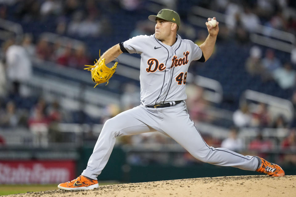 Detroit Tigers starting pitcher Matthew Boyd throws during the fifth inning of the team's baseball game against the Washington Nationals at Nationals Park, Friday, May 19, 2023, in Washington. (AP Photo/Alex Brandon)