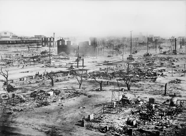 The Greenwood District is seen in ruins after a mob of white men destroyed the area's Black residences and businesses. (Photo: Universal History Archive via Getty Images)