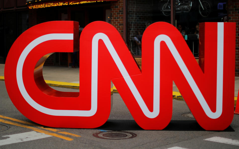 The CNN logo stands outside the venue of the second Democratic 2020 U.S. presidential candidates debate, in the Fox Theater in Detroit, Michigan, U.S., July 30, 2019.    REUTERS/Brian Snyder