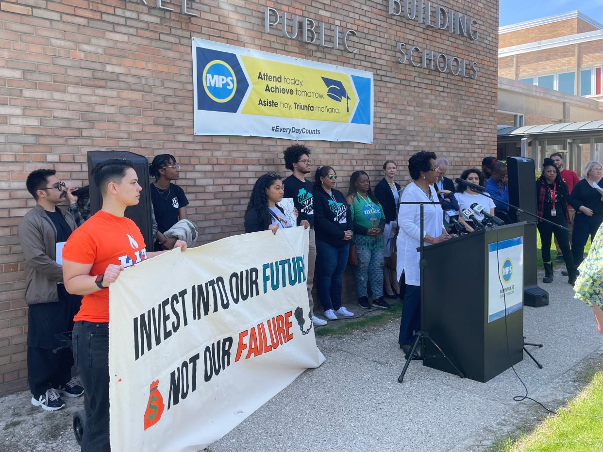 Milwaukee School Board President Marva Herndon, at a press conference May 5, urges lawmakers not to require MPS to hire police officers for its schools.