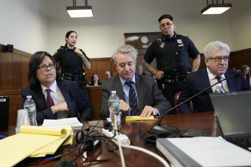 Defendants Edward Kosinski (left), Craig Inciardi (center), and Glenn Horowitz (right) take their seats at the defense table in Supreme Court on Thursday, Feb. 22, 2024.