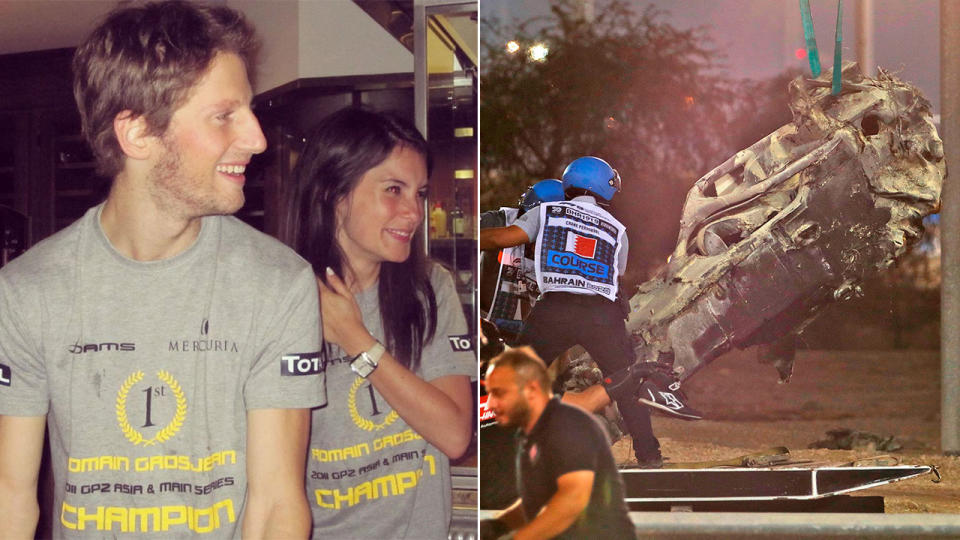 Pictured here, Romain Grosjean, his wife and the aftermath of his terrifying F1 crash.