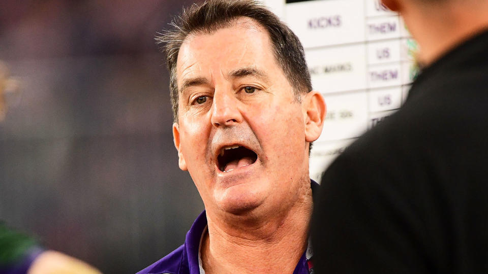 After Ross Lyon, pictured, was sacked by Fremantle, former star Nick Riewoldt leapt to his defence. (Photo by Daniel Carson/AFL Photos via Getty Images)