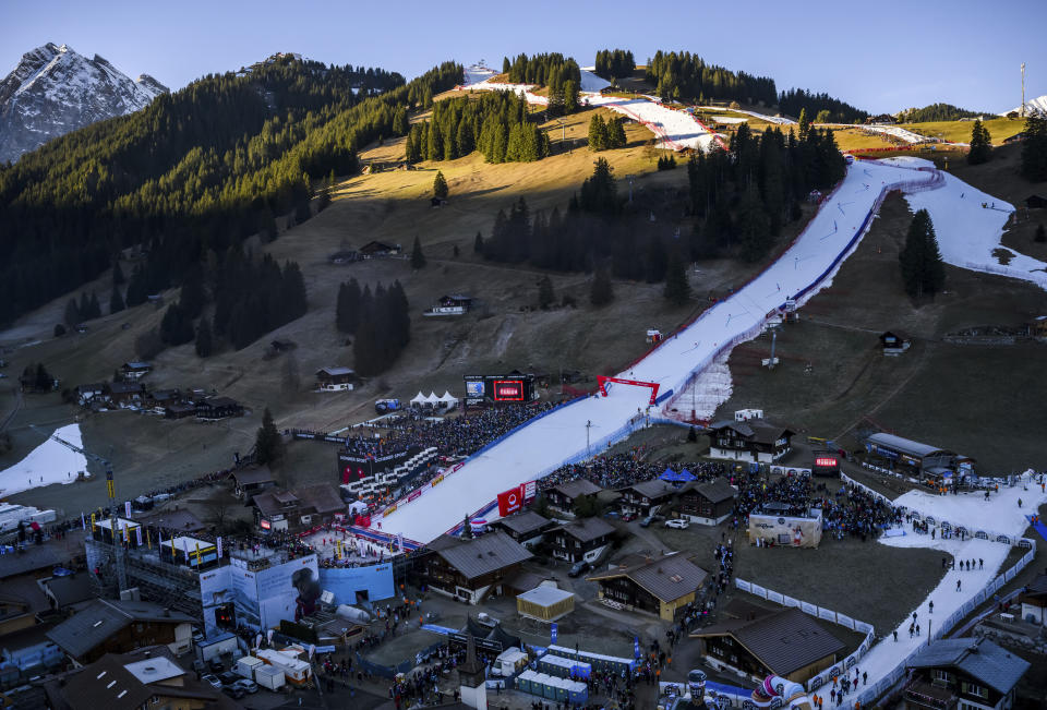 A aerial view of the race track before the first run of the men's giant slalom race at the Alpine Skiing FIS Ski World Cup in Adelboden, Switzerland, Saturday, Jan. 7, 2023. (Jean-Christophe Bott/Keystone via AP)