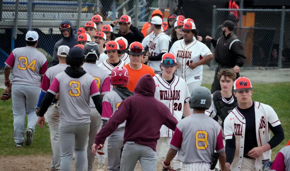 West Warwick and the Times2/Paul Cuffee/St. Patrick Co-op meet after their lopsided game on Wednesday afternoon.