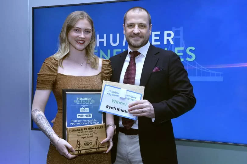 Humber Renewables Awards 2024: Ryah Russell is presented with her Apprentice of the Year Award by Julian Cattermole, chief executive of sponsor Boston Energy.