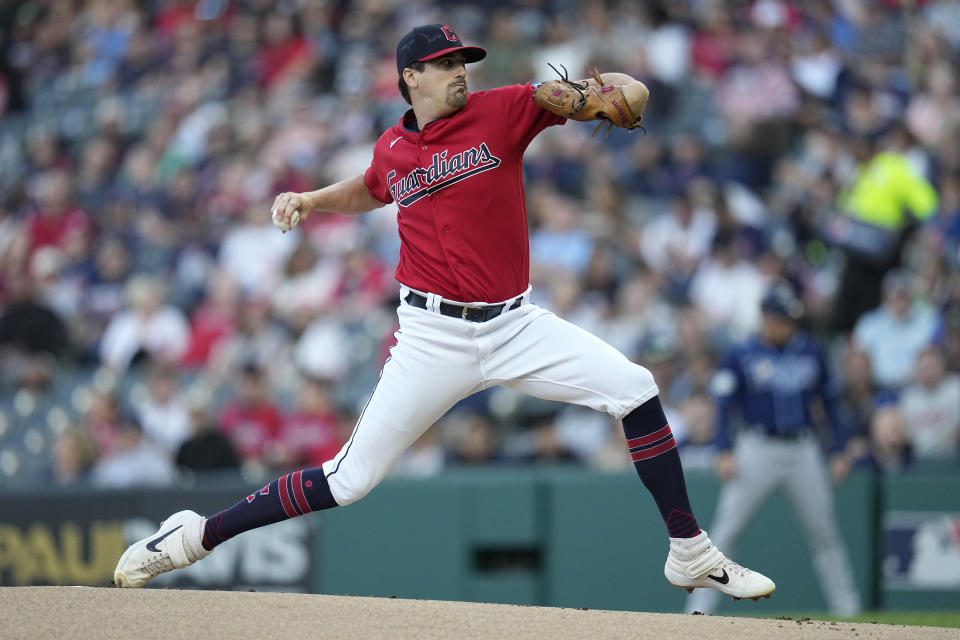 Cleveland Guardians' Cal Quantrill pitches to a Tampa Bay Rays batter during the first inning of a baseball game Friday, Sept. 1, 2023, in Cleveland. (AP Photo/Sue Ogrocki)