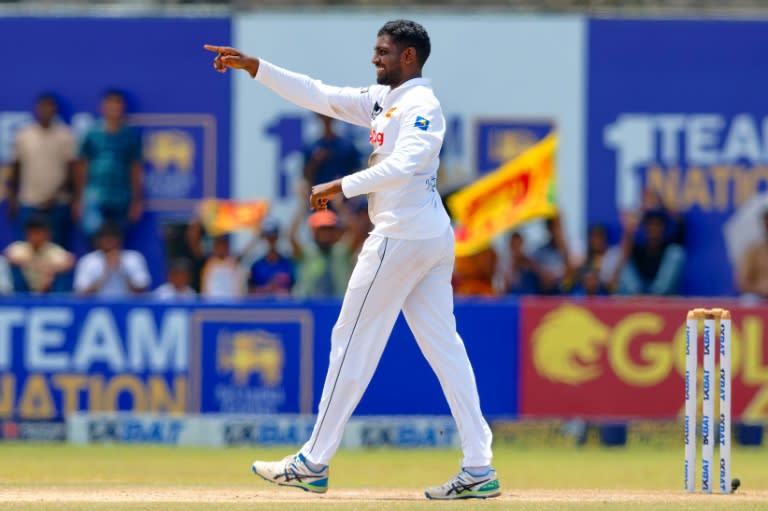 Sri Lanka's Nishan Peiris celebrates after taking a five-wicket haul during the fourth day of the second Test against New Zealand (VIraj Kothalawala)