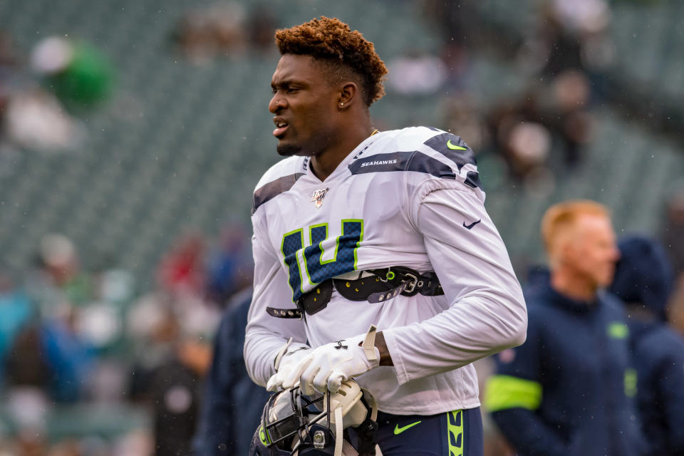 PHILADELPHIA, PA - NOVEMBER 24: Seattle Seahawks wide receiver D.K. Metcalf (14) is pictured prior to the National Football League game between the Seattle Seahawks and Philadelphia Eagles on November 24, 2019 at Lincoln Financial Field in Philadelphia, PA  (Photo by John Jones/Icon Sportswire via Getty Images)