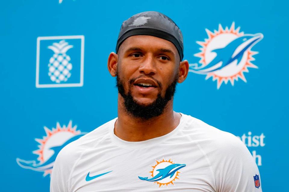 Miami Dolphins wide receiver Cedrick Wilson Jr. (11) speaks to reporters after practice at the Baptist Health Training Complex in Miami Gardens, Florida on Friday, July 28, 2023.