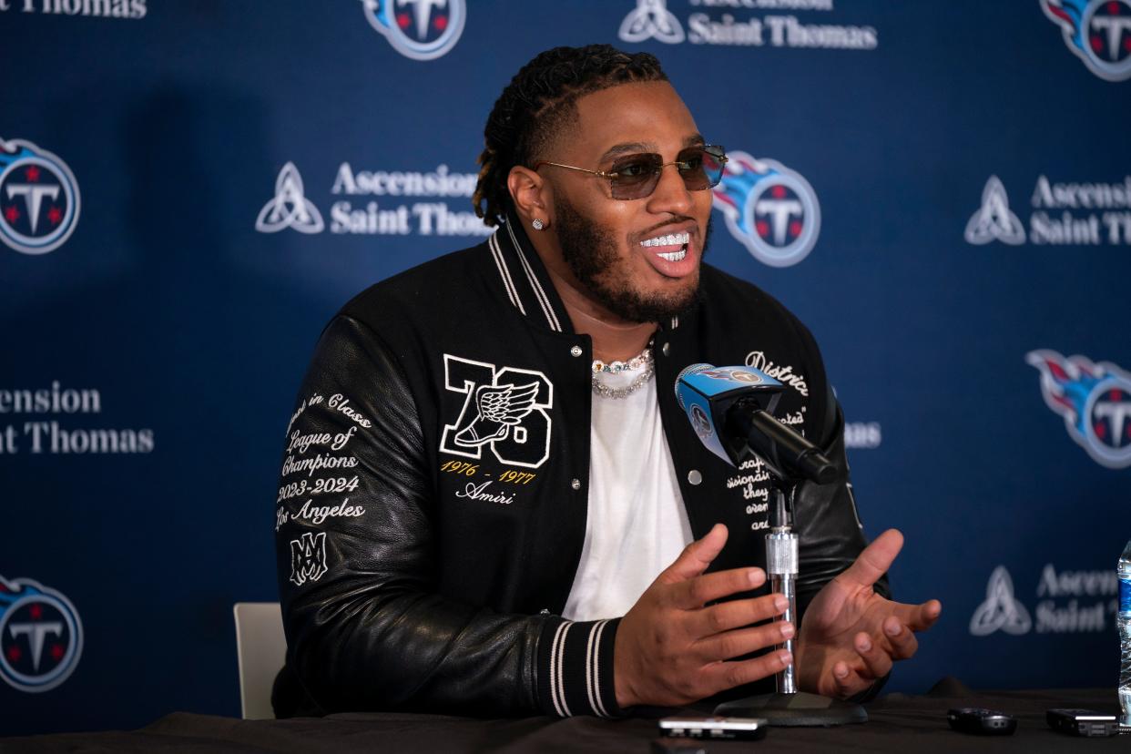 The Tennessee Titans first-round draft pick JC Latham fields questions from the media at the team’s Ascension Saint Thomas Sports Park facility in Nashville, Tenn., Friday afternoon, April 26, 2024. The tackle was the No. 7 overall pick in the 2024 NFL Draft.