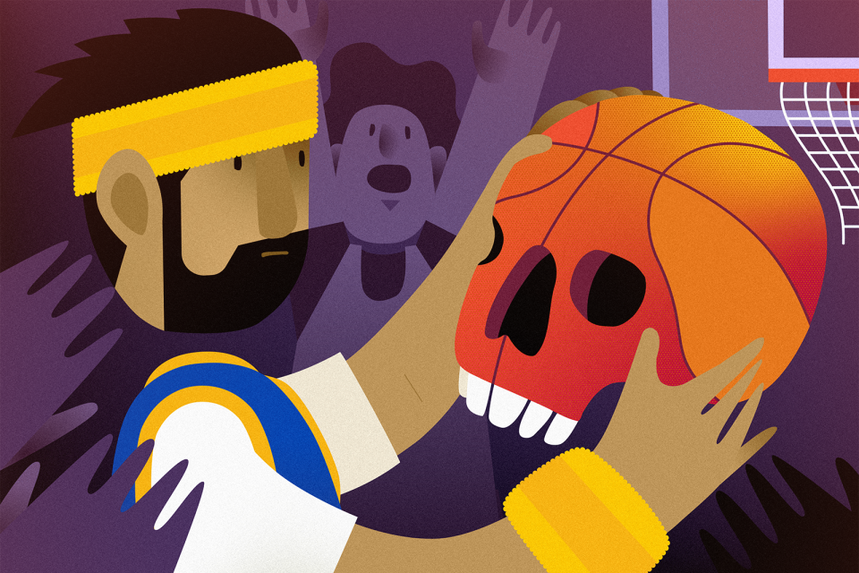 an illustration of a bearded person in a warriors jersey holding a basketball shaped like a skull