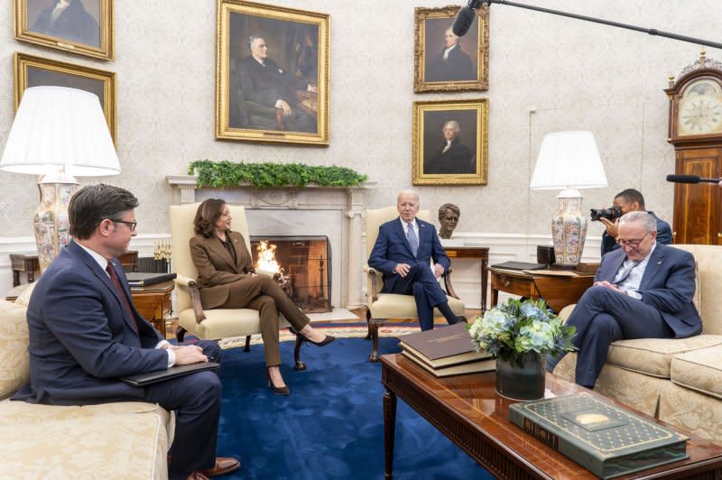 President Joe Biden met with the leaders of the House and Senate to discuss plans to avert a government shutdown and pass funding for Ukraine. Photo by Bonnie Cash/UPI