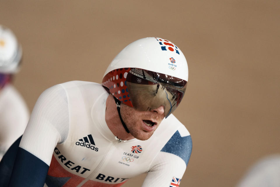 Britain's Ed Clancy rounds the track during a training session inside the Izu velodrome at the 2020 Summer Olympics, Saturday, July 31, 2021, in Izu, Japan. (AP Photo/Thibault Camus)