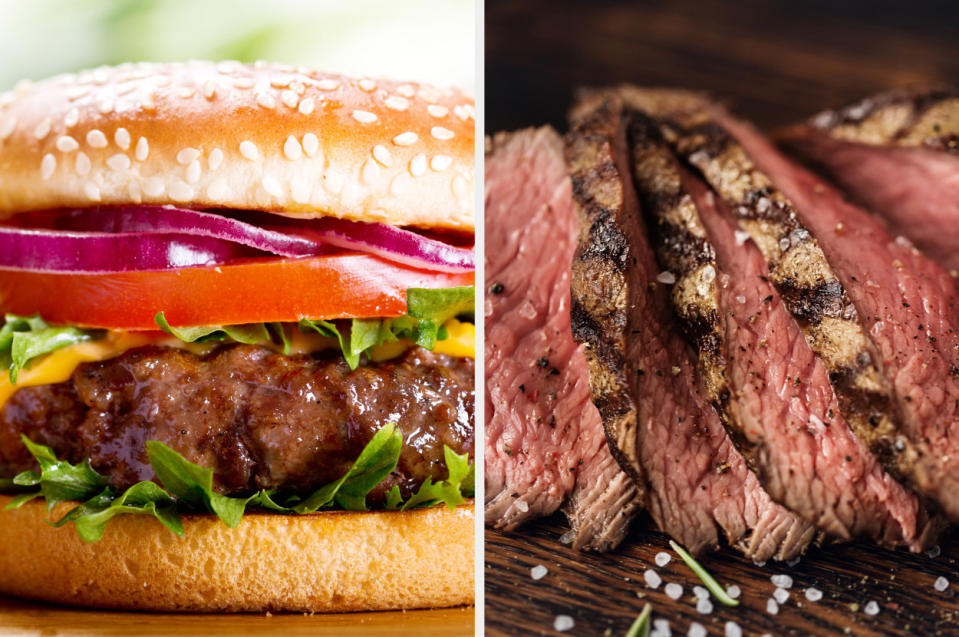 A side by side image of a cheeseburger and steak